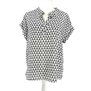 Pleione Black White Geometric Tunic Blouse Mandarin‎ Collar MP Polyester